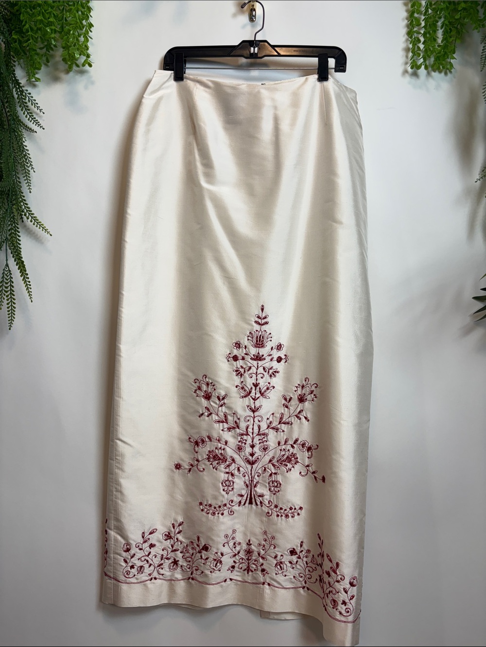 Cream Maxi Skirt with Burgundy Floral Embroidery - SILK